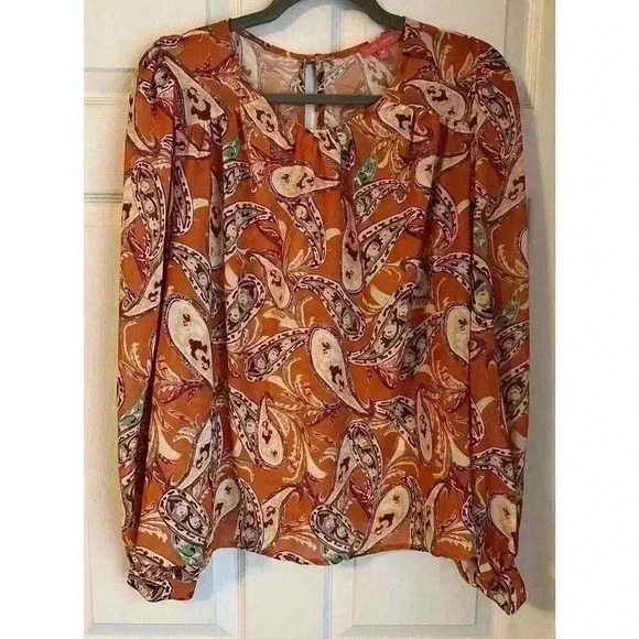 Flying Tomato Anthropology Long Sleeve Boho Top Orange Paisley Size Medium - Picture 1 of 6